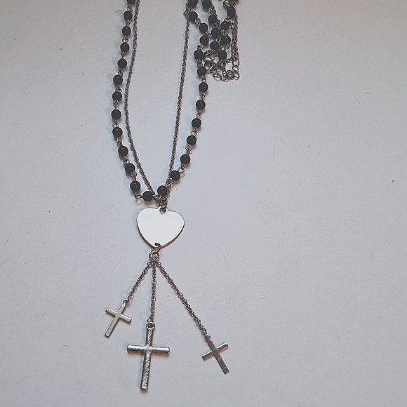 Silver Heart Cross Necklace With Black Beads - Picture 4 of 8
